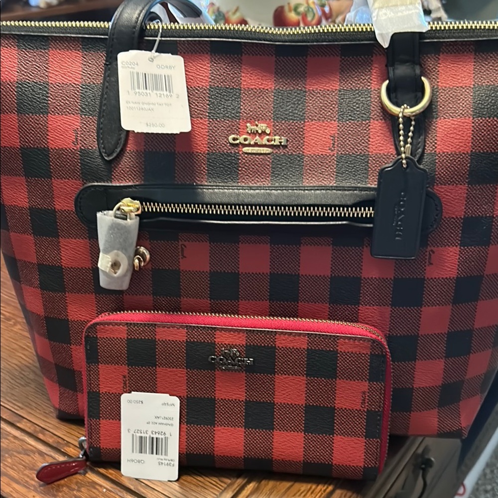 Coach Red and Black Plaid Tote Bag